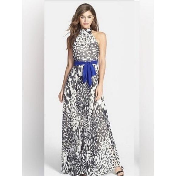 Eliza J Dress Chiffon Halter Maxi Dress Leopard Print Blue Sash Women’s Sz 10P - Picture 2 of 9